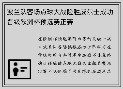 波兰队客场点球大战险胜威尔士成功晋级欧洲杯预选赛正赛