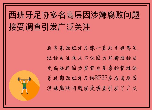 西班牙足协多名高层因涉嫌腐败问题接受调查引发广泛关注